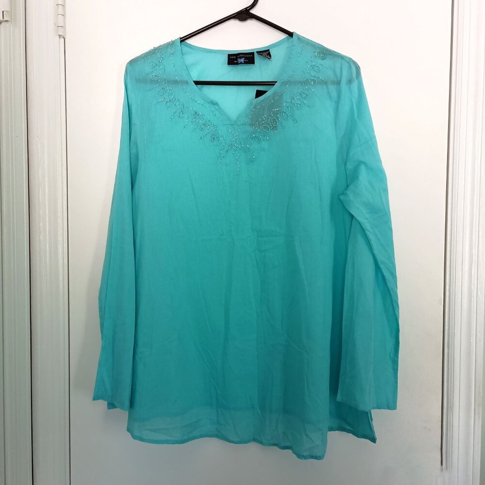 NWT New Additions aqua beaded tunic shirt blouse maternity size M